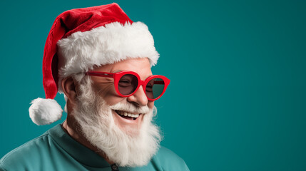 Naklejka premium Generative AI photo of cool street vibe Santa Claus in cherry red jacket and sunglasses on a green background with copy space