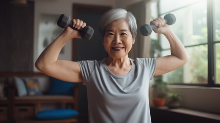 Portrait of Asian senior age woman exercising at home ,Elderly people and health