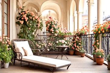 Beautiful balustrade or terrace with board floor, armchair and blooming abridged flowers plants. - obrazy, fototapety, plakaty