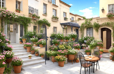 Fototapeta na wymiar Beautiful balustrade or terrace with board floor, armchair and blooming abridged flowers plants.