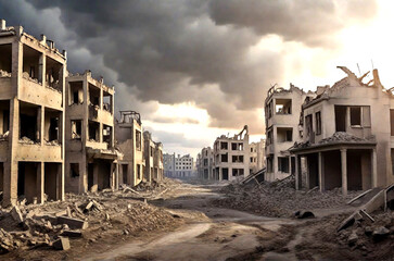 Horrible war scene empty city with destroyed houses