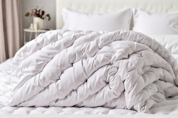 Fototapeta na wymiar White bankrupt bedding lying on white bed background. Preparing for winter season, household, calm activities, auberge or home textile