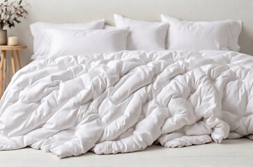 White bankrupt bedding lying on white bed background. Preparing for winter season, household, calm activities, home textile