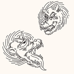 wolf outline ilustrasi oldschool tattoo japanese