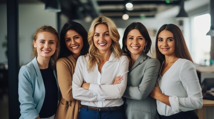 Group of business women teamwork, Diversity, portrait selfie  with crossed arms. standing in creative office,