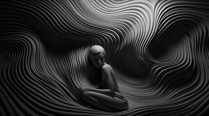 mental disorder abstract dark depressive image. copy space. black and white illustration - obrazy, fototapety, plakaty