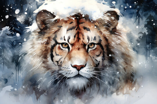 Watercolor painting of a tiger in winter forest. Closeup portrait