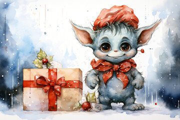 Funny little baby elf with a Christmas gift. Watercolor drawing.