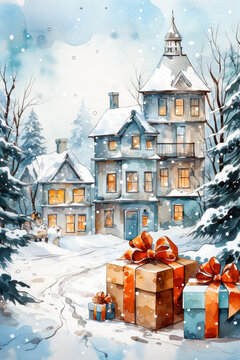 Winter village with snow covered houses and gift boxes. Watercolor illustration.
