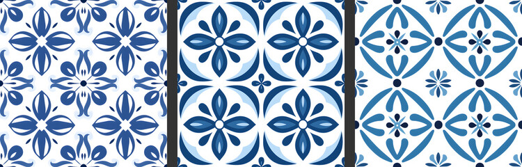 Seamless patterns in azulejo, majolica, zellij,  damask style. Floor and wall oriental traditional ceramic tile textures.  Portuguese, spanish, turkish, arabic geometric ceramics. Blue Cobalt colors