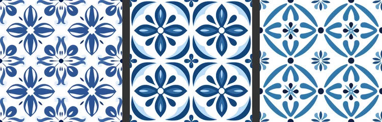 Papier peint Portugal carreaux de céramique Seamless patterns in azulejo, majolica, zellij,  damask style. Floor and wall oriental traditional ceramic tile textures.  Portuguese, spanish, turkish, arabic geometric ceramics. Blue Cobalt colors