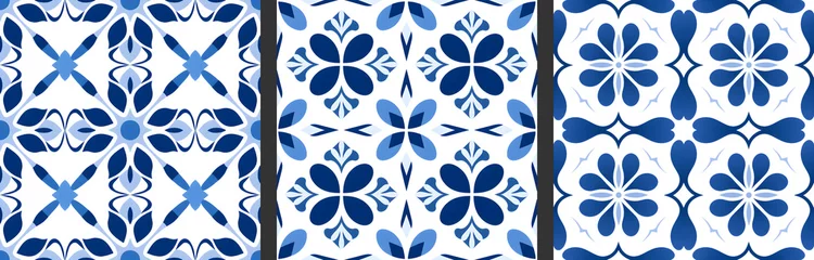 Tapeten Seamless patterns in azulejo, majolica, zellij,  damask style. Floor and wall oriental traditional ceramic tile textures.  Portuguese, spanish, turkish, arabic geometric ceramics. Blue Cobalt colors © Milan