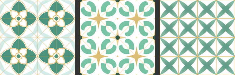 Seamless patterns in azulejo, majolica, zellij,  damask style. Floor and wall oriental traditional ceramic tile textures.  Portuguese, spanish, turkish, arabic geometric ceramics. Green Gold colors