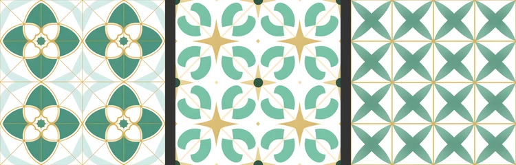 Tapeten Portugal Keramikfliesen Seamless patterns in azulejo, majolica, zellij,  damask style. Floor and wall oriental traditional ceramic tile textures.  Portuguese, spanish, turkish, arabic geometric ceramics. Green Gold colors