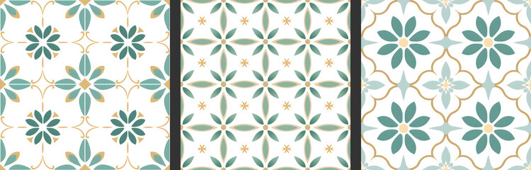 Seamless patterns in azujelo, majolica, zellij,  damask style. Floor and wall oriental traditional ceramic tile textures.  Portuguese, spanish, turkish, arabic geometric ceramics. Green Gold colors