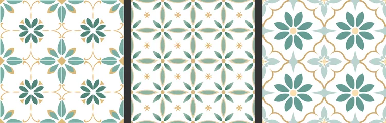 Tapeten Seamless patterns in azujelo, majolica, zellij,  damask style. Floor and wall oriental traditional ceramic tile textures.  Portuguese, spanish, turkish, arabic geometric ceramics. Green Gold colors © Milan