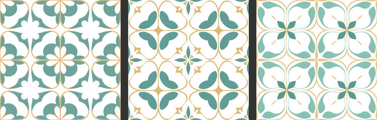 Seamless patterns in azujelo, majolica, zellij,  damask style. Floor and wall oriental traditional ceramic tile textures.  Portuguese, spanish, turkish, arabic geometric ceramics. Green Gold colors