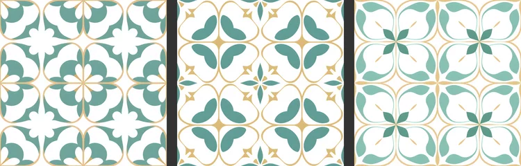 Cercles muraux Portugal carreaux de céramique Seamless patterns in azujelo, majolica, zellij,  damask style. Floor and wall oriental traditional ceramic tile textures.  Portuguese, spanish, turkish, arabic geometric ceramics. Green Gold colors