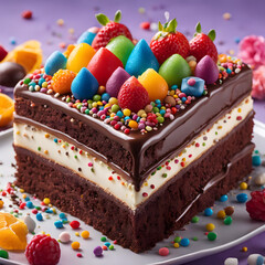 A large birthday cake topped with a chocolate layer and sprinkled with colorful toppings.