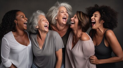 Portrait of Female models of different ages laughing happily in the studio  - obrazy, fototapety, plakaty