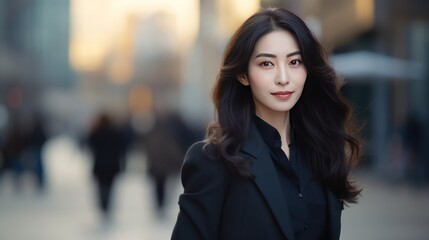 Portrait of korean professional businesswoman standing or walking on big city urban street outside.
