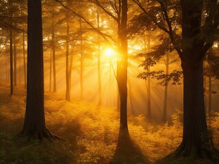 The sun rises over the horizon casting a golden glow over the forest