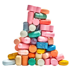 Piles of multi-colored pills stacked together in a pile. isolated transparent background PNG