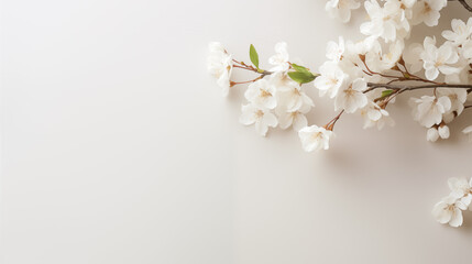 Abstract Background with White Cherry Blossom Branch, Sakura, on a Matte White Canvas, Offering a Serene Composition with Empty Space, Capturing the Tranquil Beauty of Minimalist Floral Art
