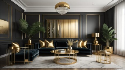 Black velvet tufted sofas and yellow leather chair in classic room with black walls. Art deco interior design of modern living room