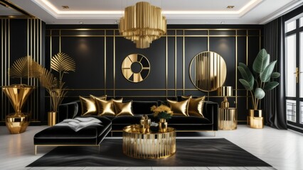 Black velvet tufted sofas and yellow leather chair in classic room with black walls. Art deco...