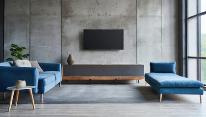 Blue sofa against tv unit. Minimalist loft home interior design of modern living room with concrete wall
