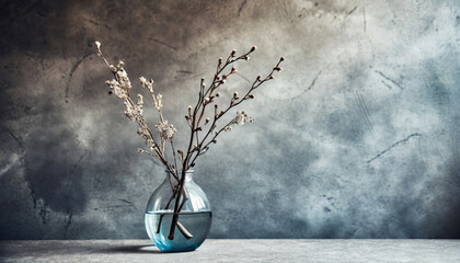 Branch in glass vase against concrete wall with copy space. Home interior background of living room