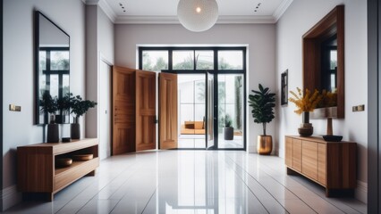 Obraz premium Bright interior design of modern entrance hall with door and wooden console table