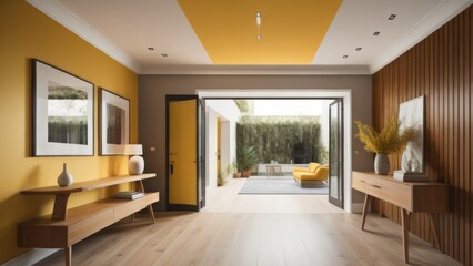 Bright interior design of modern entrance hall with door and wooden console table