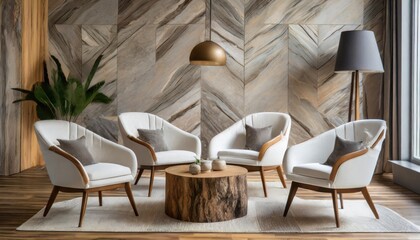 Four white armchairs near natural wood live edge coffee table against wall with stone paneling decor. Minimalist home interior design of modern living room