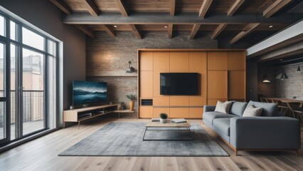 Gray sofa and tv unit in loft interior design of modern living room