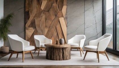 Fototapeta na wymiar Four white armchairs near natural wood live edge coffee table against wall with stone paneling decor. Minimalist home interior design of modern living room