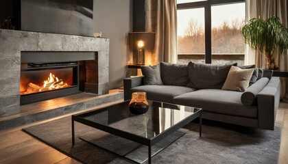 Grey corner sofa by glass fireplace. Minimalist home interior design of modern living room