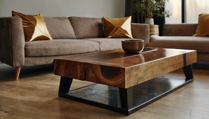 Live edge wooden accent coffee table near sofa close up. Interior design of modern living room