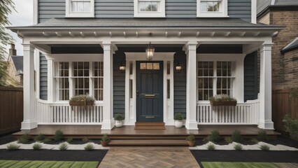 Main entrance door in house. Wooden front door with gabled porch and landing. Exterior of georgian style home cottage with white columns and stone cladding - obrazy, fototapety, plakaty
