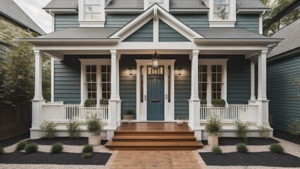 Main entrance door in house. Wooden front door with gabled porch and landing. Exterior of georgian style home cottage with white columns and stone cladding