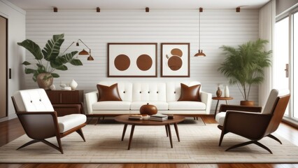 Mid-century style home interior design of modern living room with white sofa and brown leather armchairs