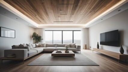 Minimalist interior design of modern living room with two sofas and wooden planks ceiling