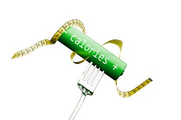 Battery with calories on a fork. Measuring tape around the battery with 