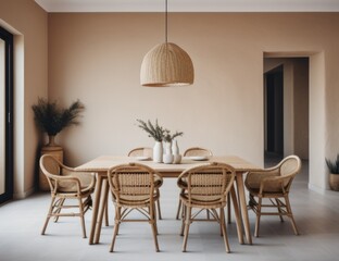 Rattan chairs and wooden dining table against beige stucco wall. Farmhouse interior design of modern dining room