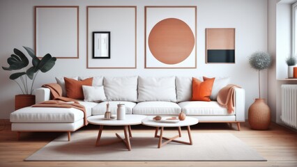 Round coffee table near white corner sofa with terra cotta cushions near paneling wall with art poster. Scandinavian home interior design of modern living room