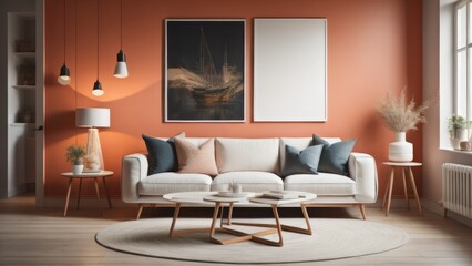 Round coffee table near white corner sofa with terra cotta cushions near paneling wall with art poster. Scandinavian home interior design of modern living room