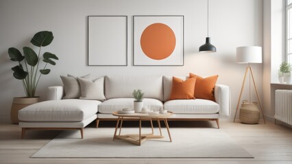 Round coffee table near white corner sofa with terra cotta cushions near paneling wall with art poster. Scandinavian home interior design of modern living room
