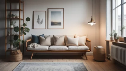 Foto op Plexiglas Stylish and cozy reading nook. Pillows and wooden tray with burning candle on sofa against window. Scandinavian interior design of modern living room © Marko