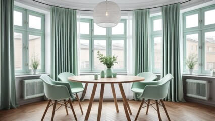 Fototapeta premium Two mint color chairs at round wooden dining table against window dressed with light green and white curtains